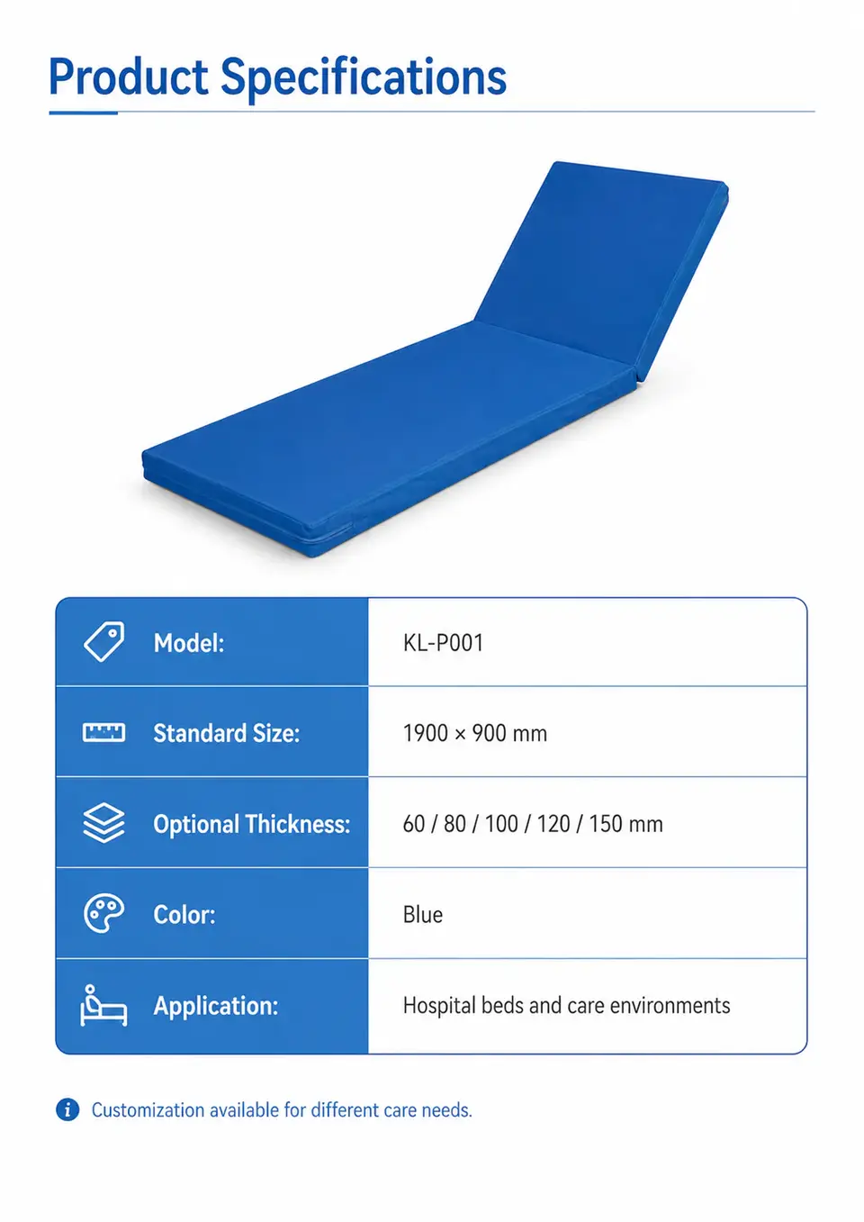 KL-P001 ward mattress angled view showing blue cover and corner shape