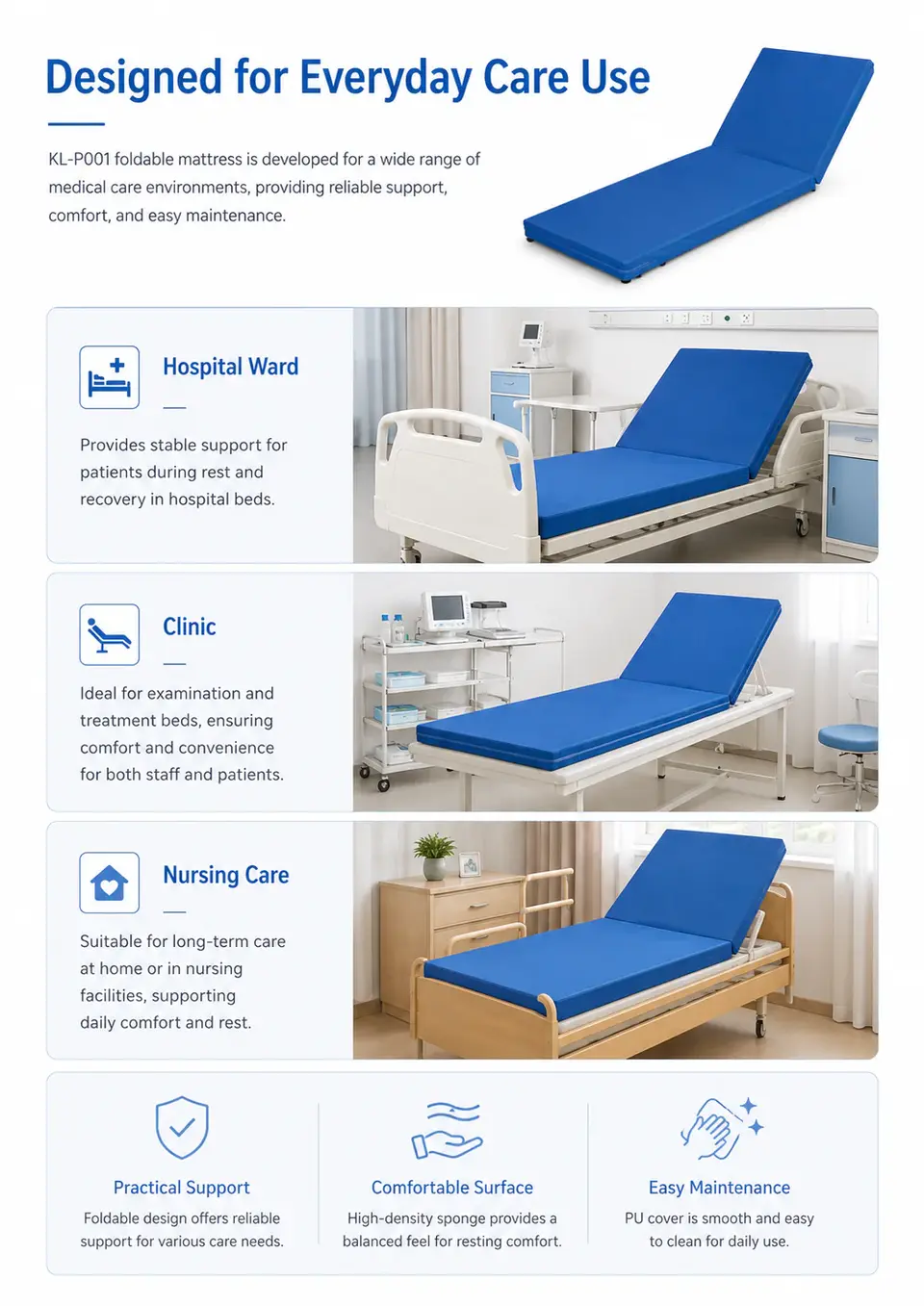 KL-P001 hospital bed mattress stacked showing bulk supply configuration