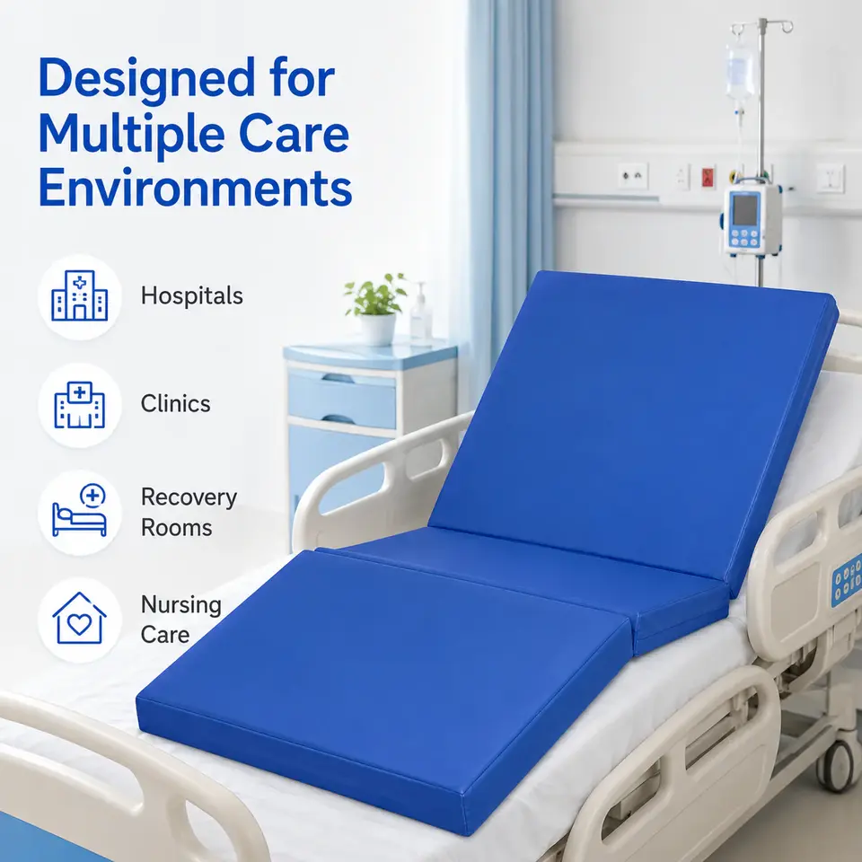 KL-P002 three-section mattress flat on hospital bed frame showing full size