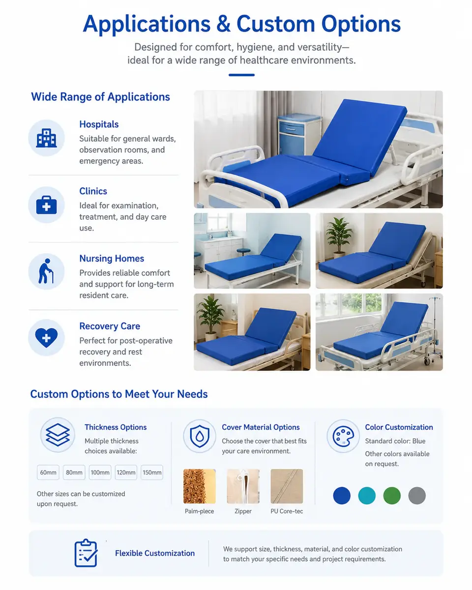 KL-P002 hospital bed mattress stacked for bulk supply showing three-section panels