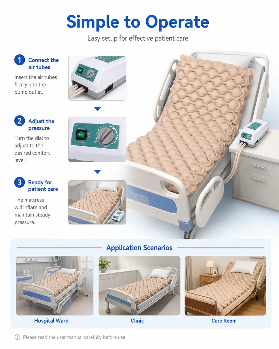 KL-P003 air mattress pump unit beside hospital bed showing compact design