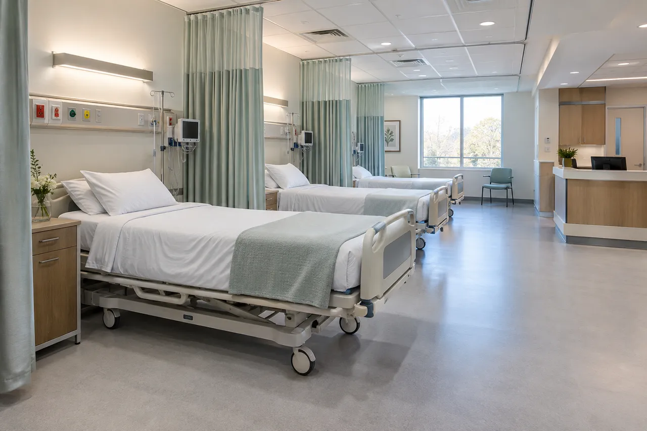 day-surgery recovery scene; illustrative layout, not an actual customer installation