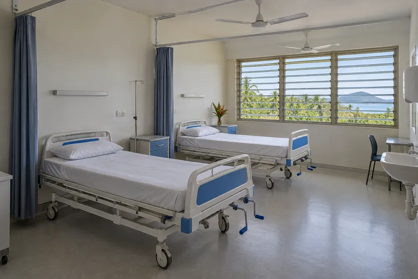 island clinic bed package scene; illustrative layout, not an actual customer installation
