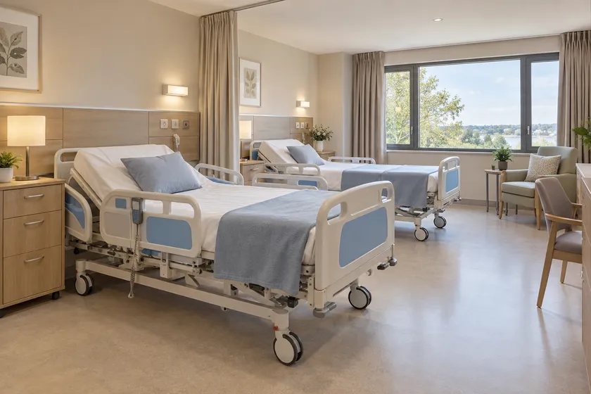 long-term nursing care scene; illustrative layout, not an actual customer installation