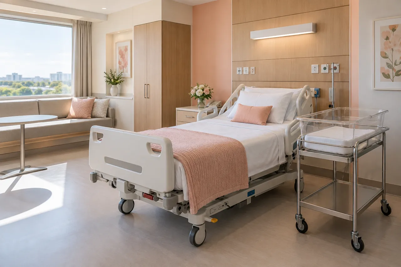 maternity rooming-in scene; illustrative layout, not an actual customer installation