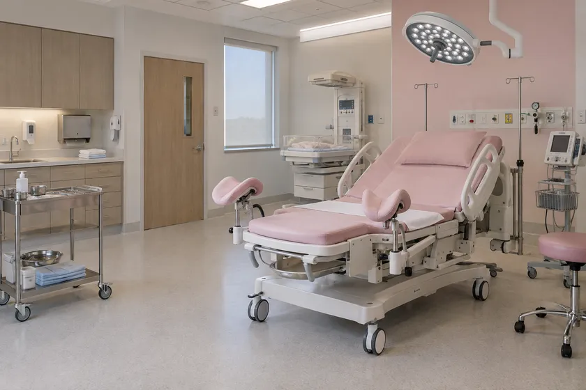 obstetric delivery room scene; illustrative layout, not an actual customer installation
