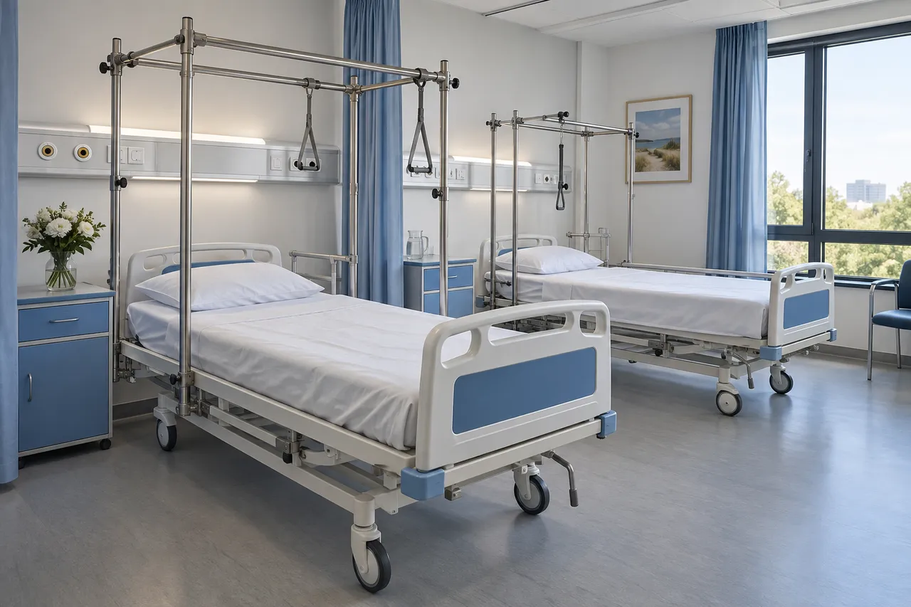 orthopedic traction ward scene; illustrative layout, not an actual customer installation