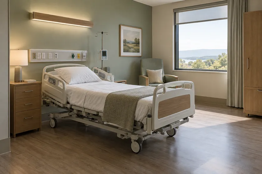palliative care suite scene; illustrative layout, not an actual customer installation