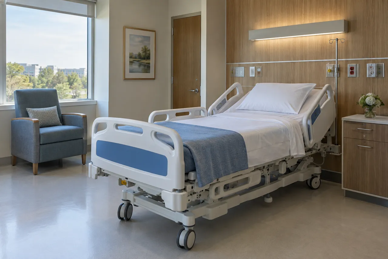 private patient room scene; illustrative layout, not an actual customer installation