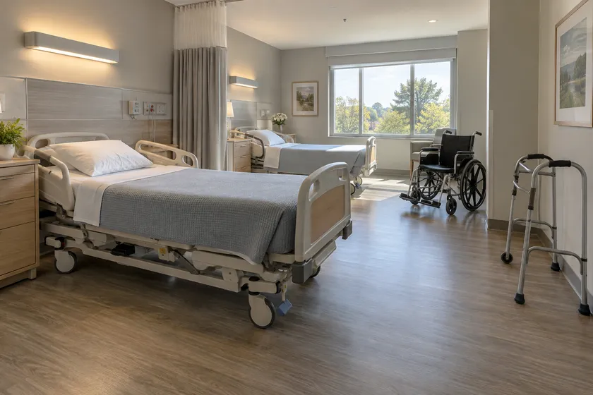 rehabilitation inpatient unit scene; illustrative layout, not an actual customer installation