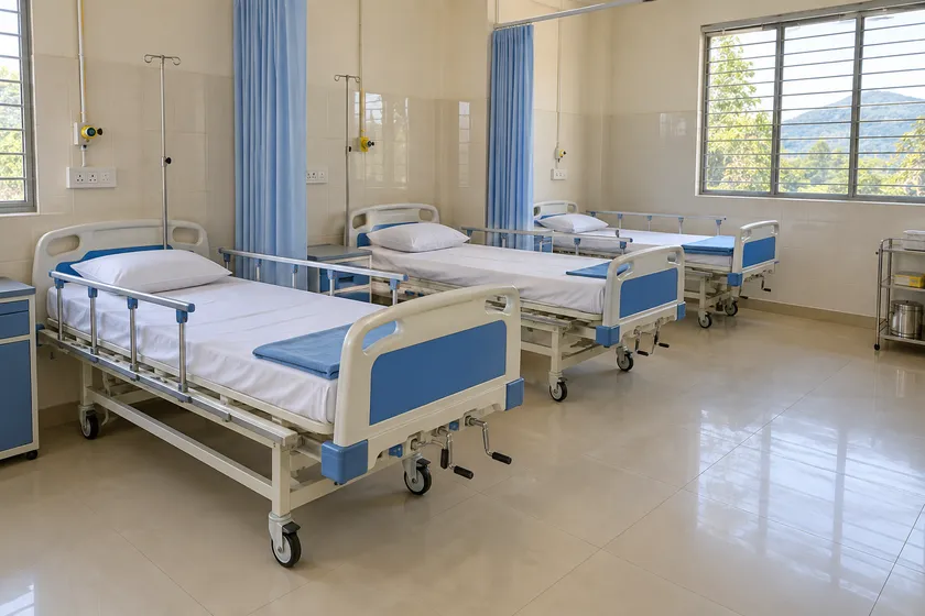 rural manual-bed ward scene; illustrative layout, not an actual customer installation