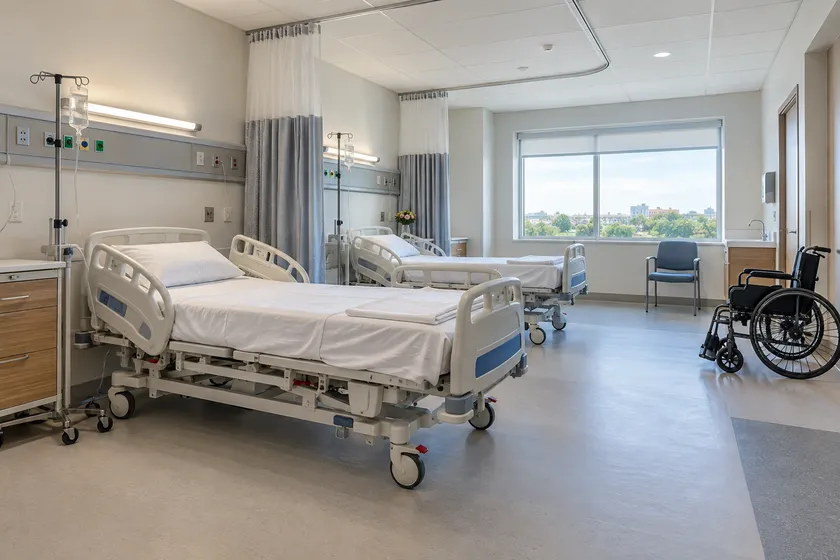 surgical recovery ward scene; illustrative layout, not an actual customer installation