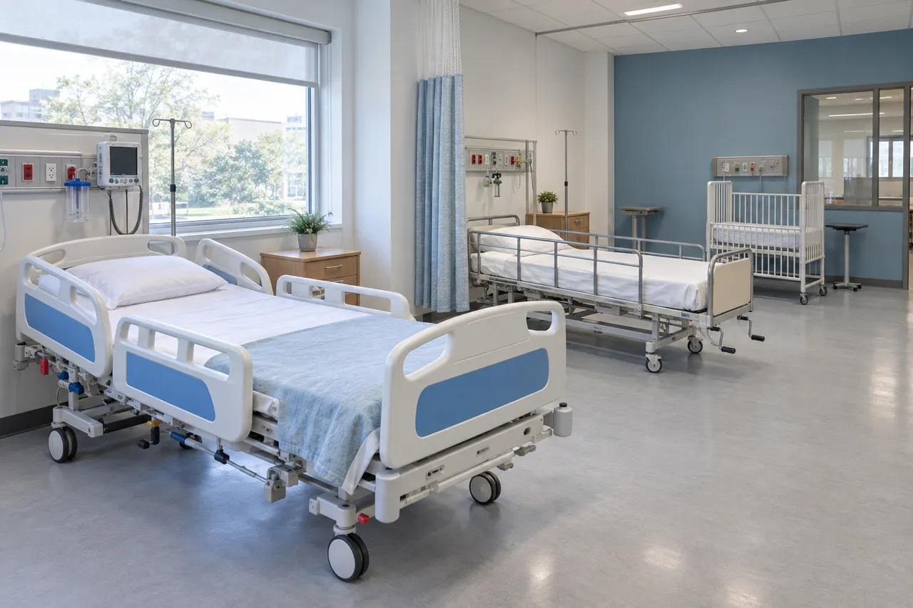 teaching hospital bed lab scene; illustrative layout, not an actual customer installation