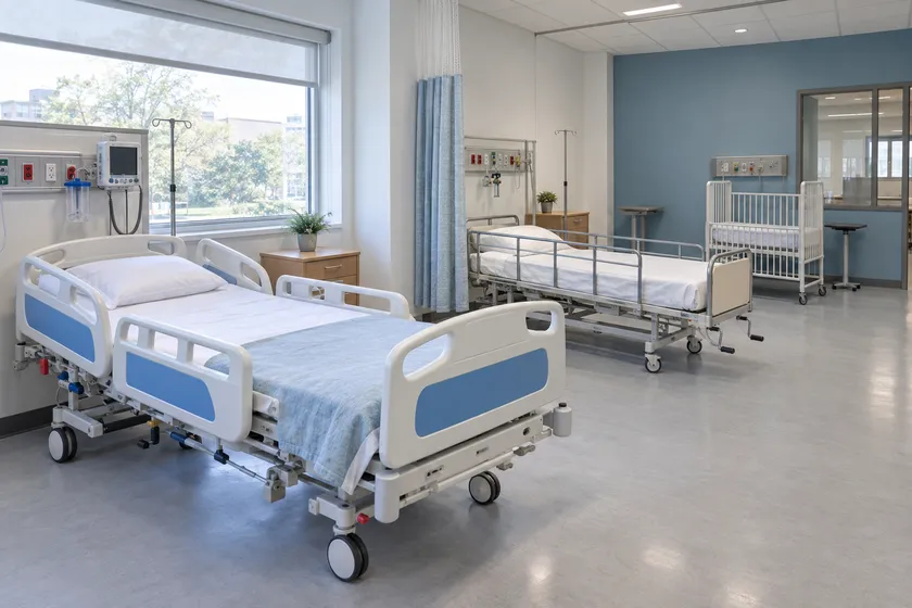 teaching hospital bed lab scene; illustrative layout, not an actual customer installation